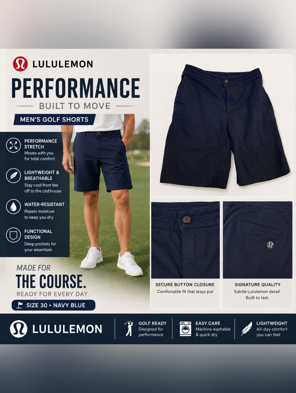 Lululemon Men’s Golf Shorts Navy Blue Size 30 Athletic Performance Shorts